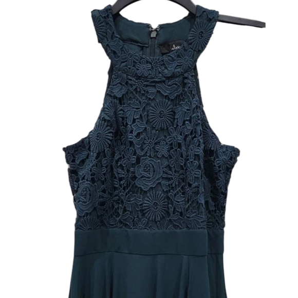 Lulu's Navy Blue Chiffon Lace Bodice Halter Gown NWT Sz L - Picture 11 of 14